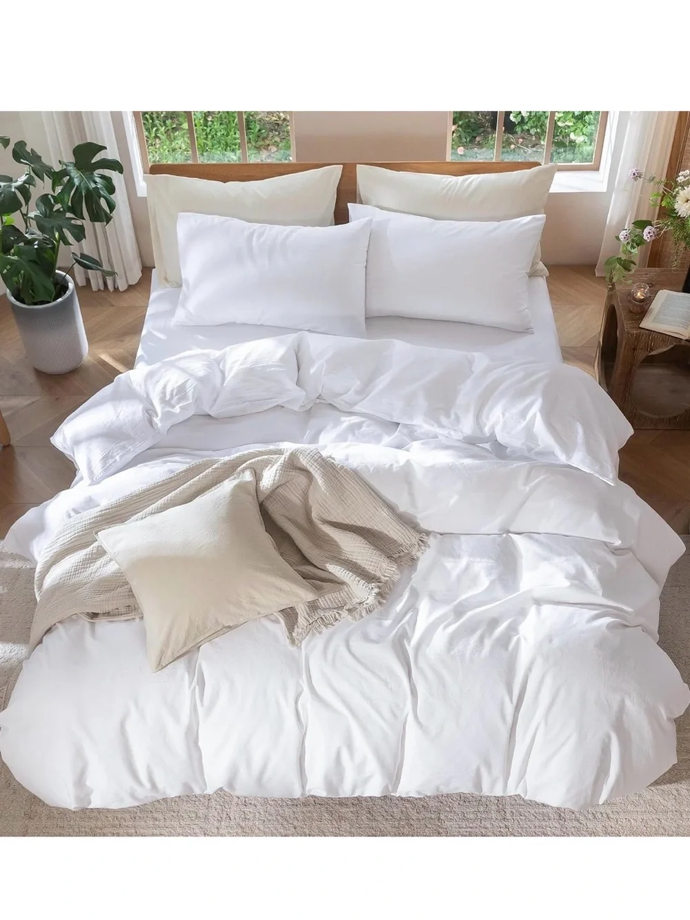 White Washed Cotton Queen Duvet Cover - Soft Breathable Linen-Like Comfort